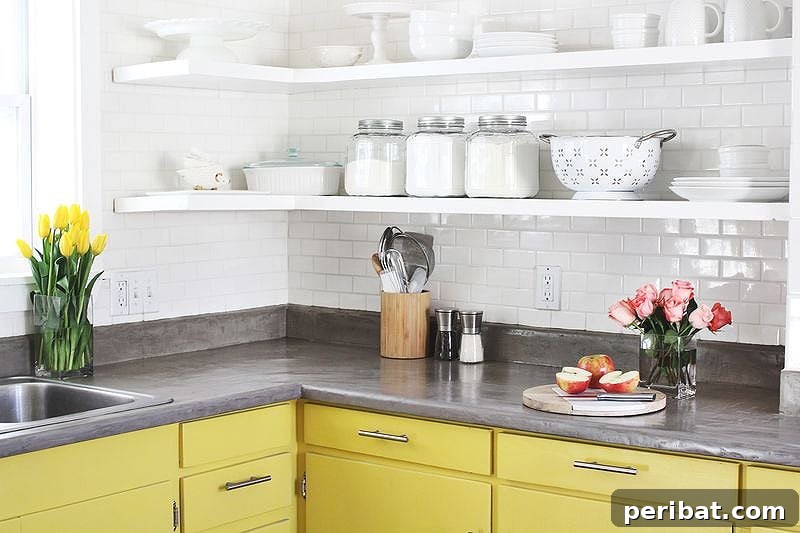 50 Smart DIY Home Improvement Hacks & Essential Products 11 Sleek concrete countertop in a modern kitchen, highlighting a durable and stylish DIY surface for home renovation