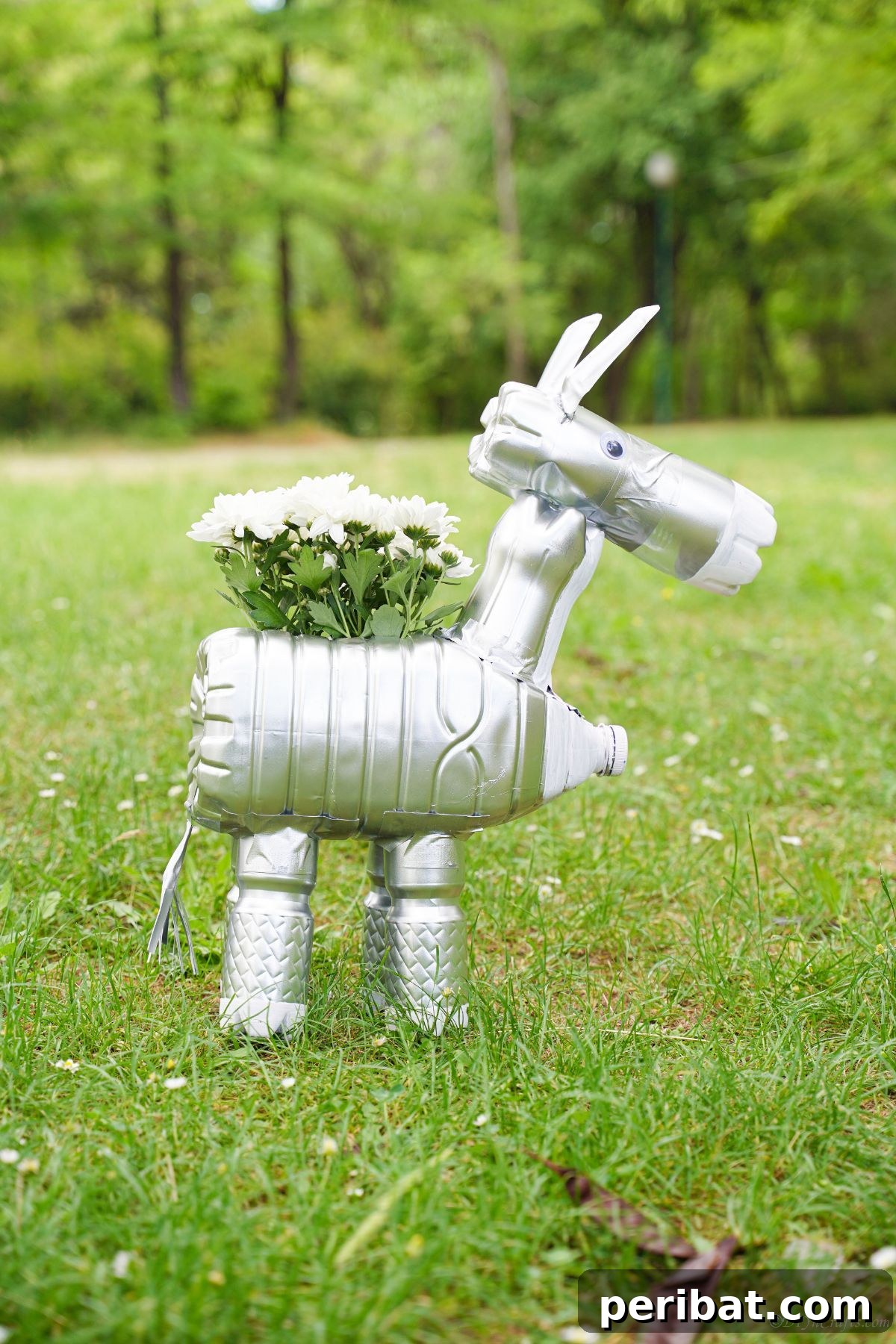 50 Smart DIY Home Improvement Hacks & Essential Products 5 Charming donkey planter made from upcycled plastic bottles, adorned with white flowers and set in a lush outdoor garden