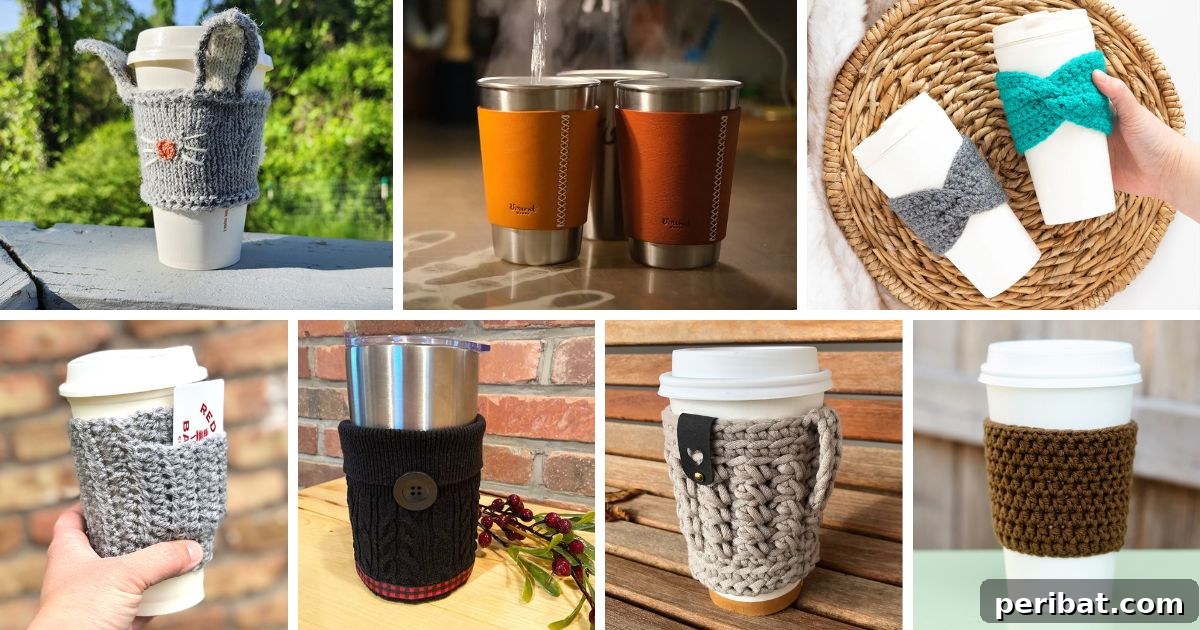 Diverse collection of creative DIY coffee sleeve ideas, showcasing various materials and designs