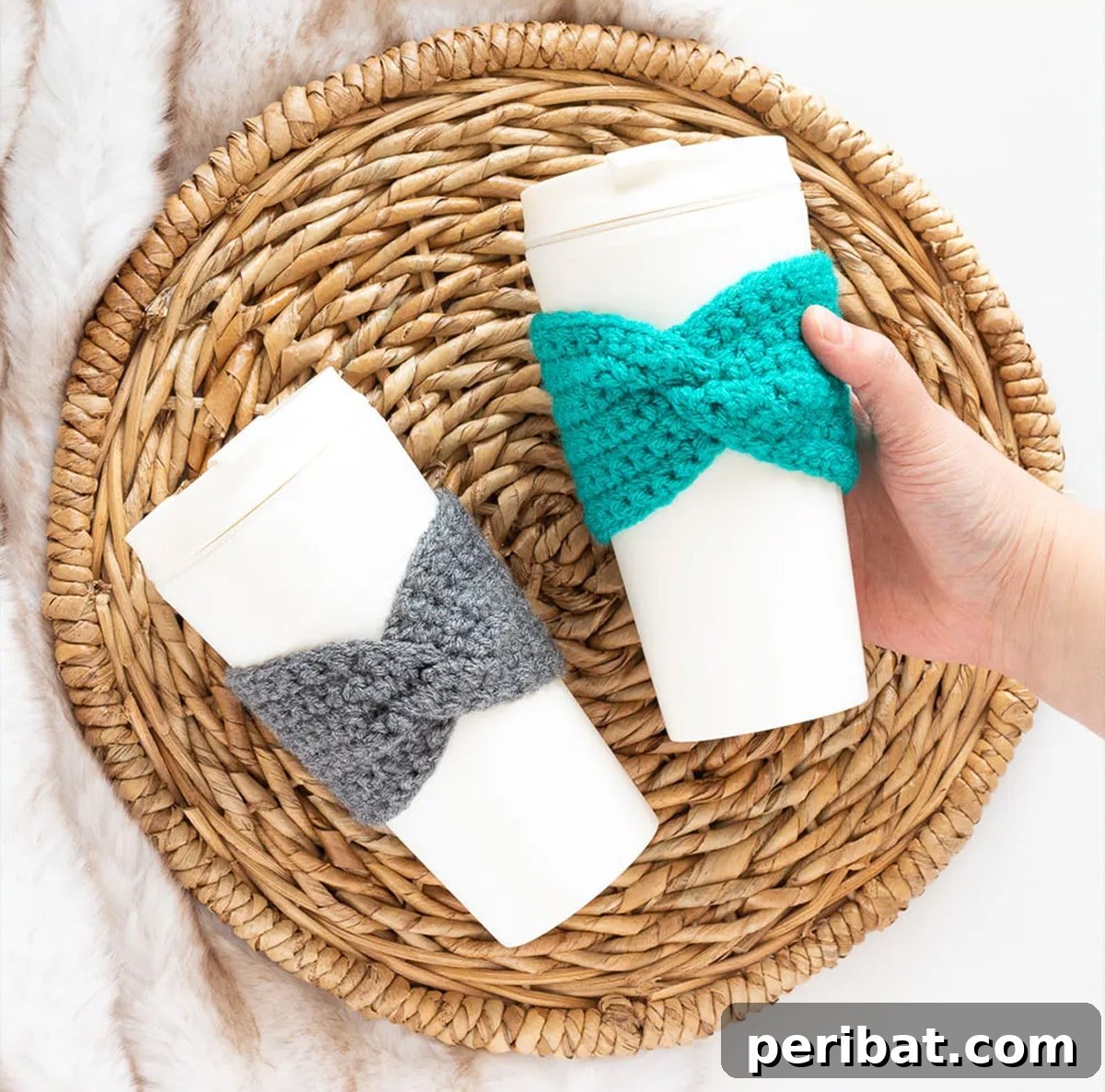 Stylish twisted crochet cup cozy in a neutral color, perfect for last-minute gifts or using up yarn scraps