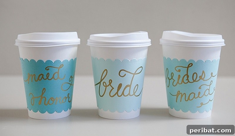 Three custom wedding coffee sleeves with elegant designs, perfect for a personalized event detail