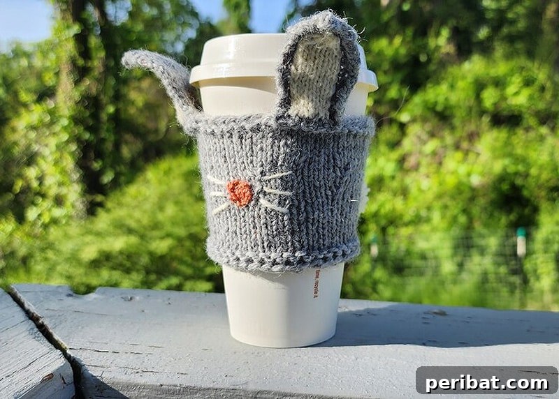 Whimsical bunny butt mug cozy knitting pattern, a cute and quick project for all skill levels