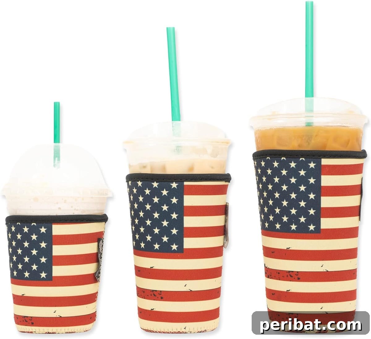 Variety of blank iced coffee sleeves made from neoprene, ready for custom embroidery or designs