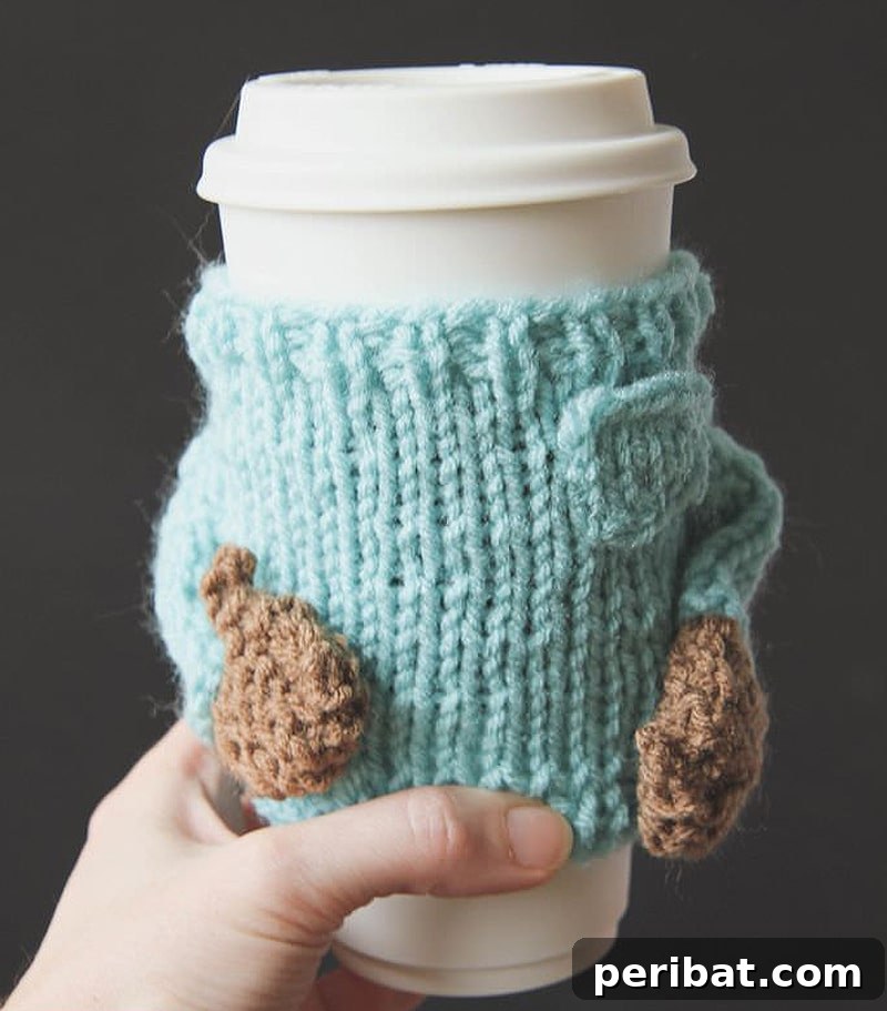 Collection of warm knitted sweater coffee cozies, offering a cozy and handmade aesthetic