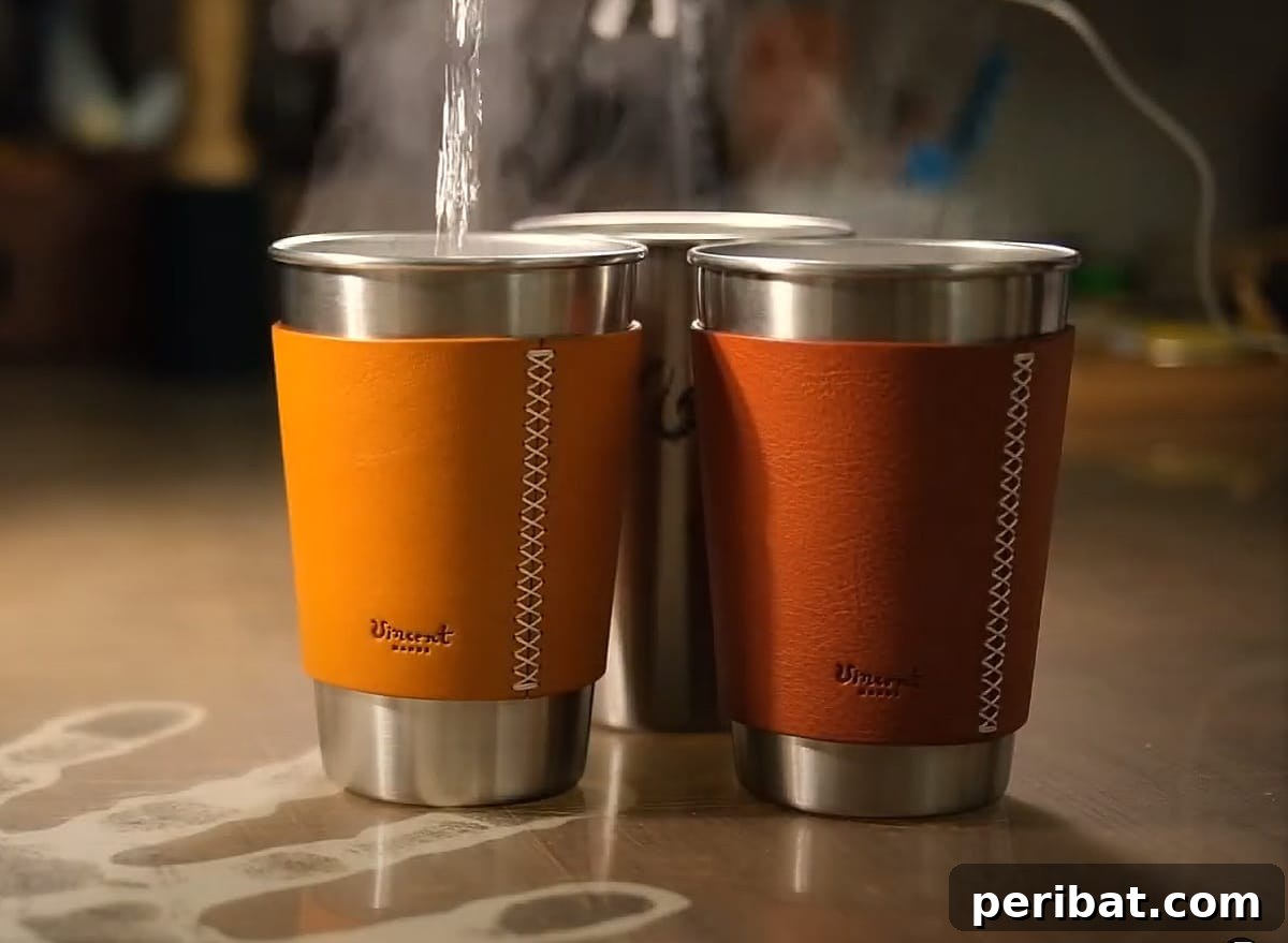 Elegant hand-stitched leather coffee sleeve, perfect for both camping and daily use