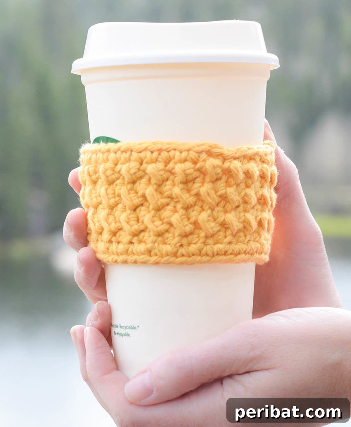 Colorful and cheerful crocheted coffee sleeve, inspired by Starbucks, with an easy crunch stitch