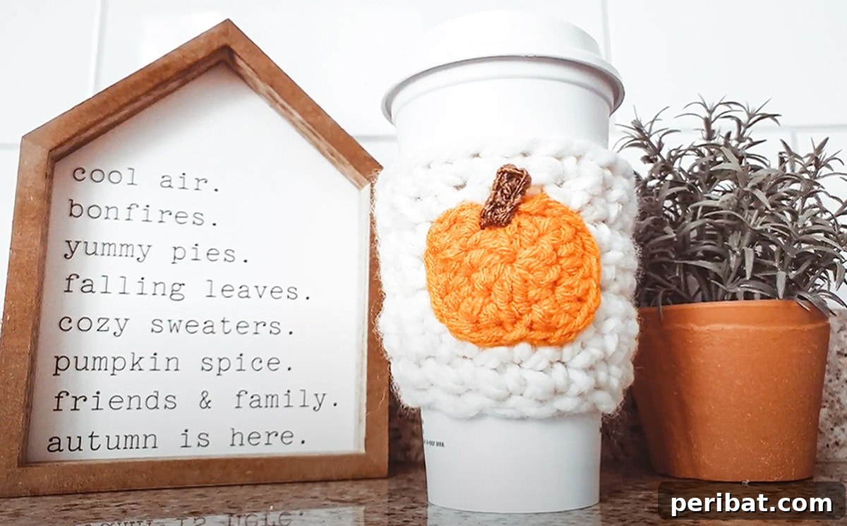 Adorable pumpkin-themed crocheted coffee sleeve, perfect for fall and keeping drinks warm