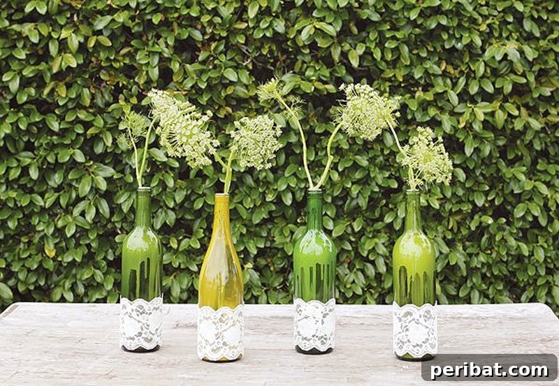 Uncork Your Creativity: 50 Wine Bottle and Glass DIY Projects 15 lace trim wine bottle vases