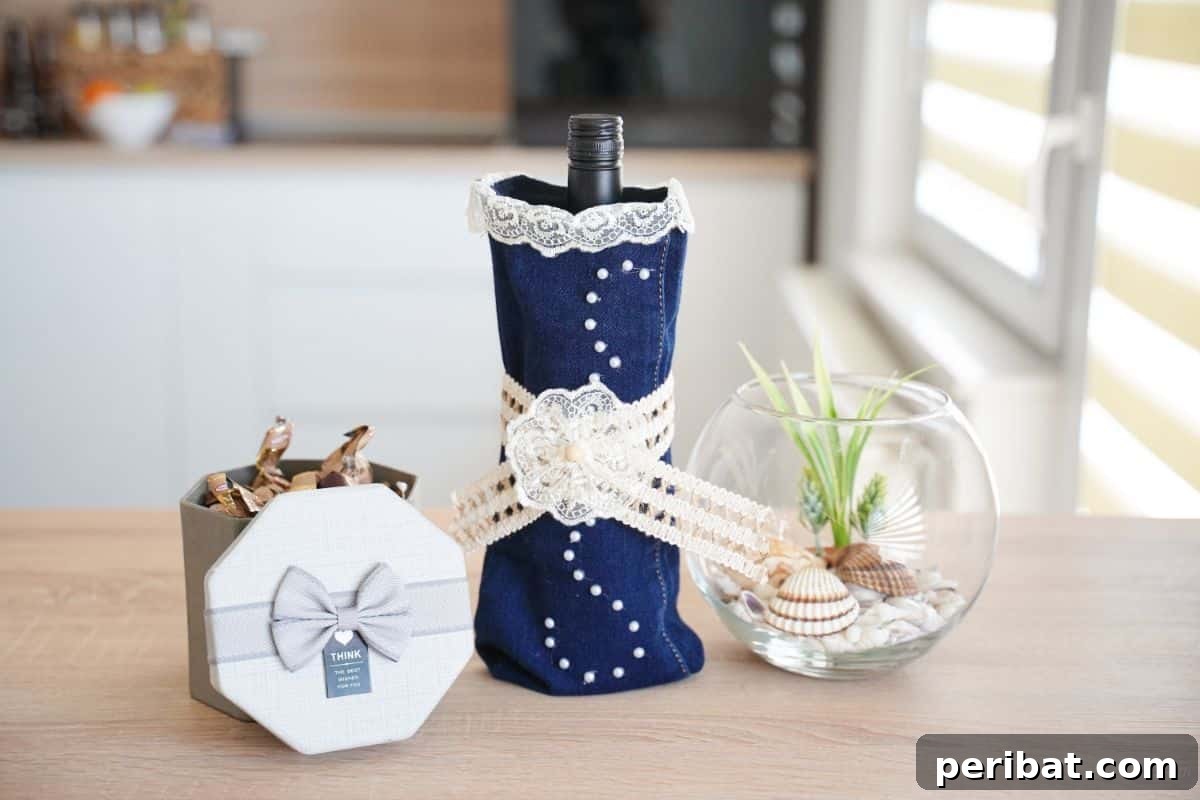 Uncork Your Creativity: 50 Wine Bottle and Glass DIY Projects 3 denim cover on wine bottle on table