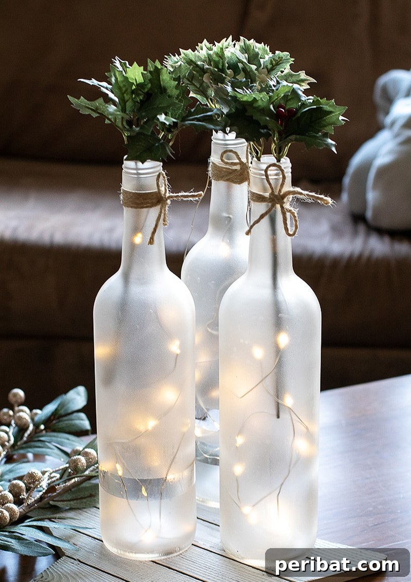 Uncork Your Creativity: 50 Wine Bottle and Glass DIY Projects 52 frosted wine bottle centerpiece