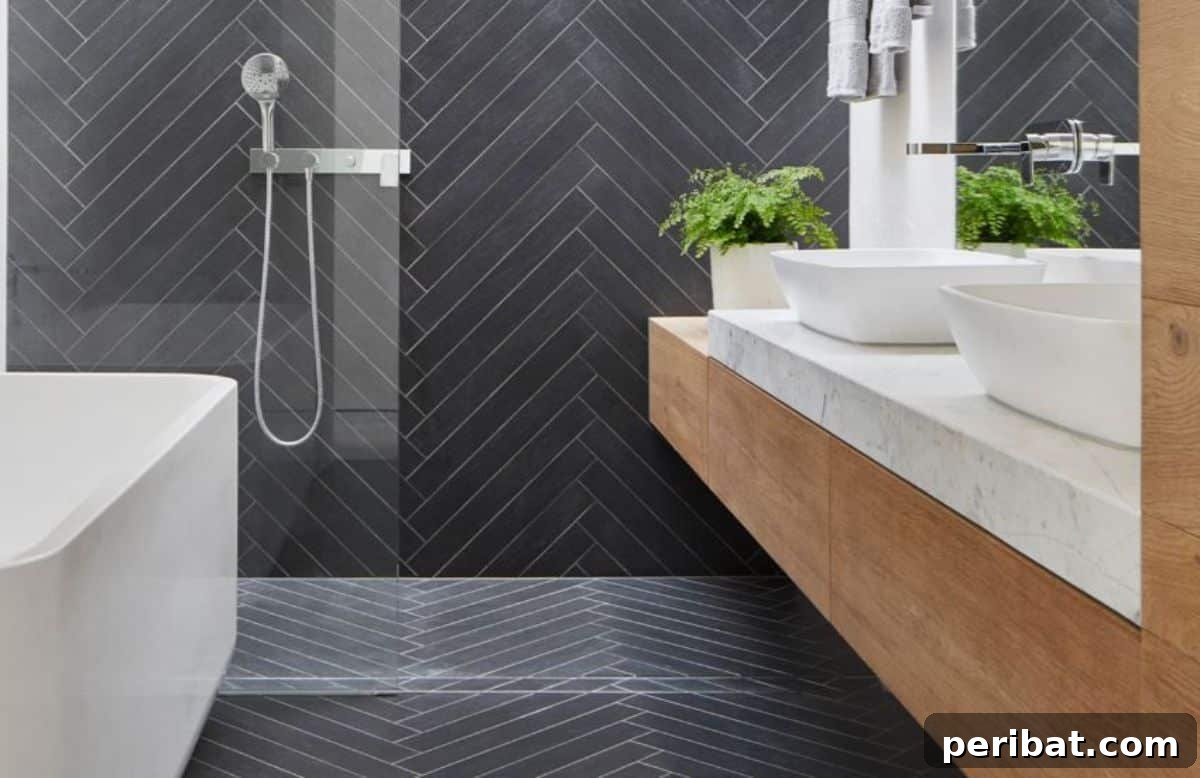 Stunning DIY Bathroom Floors: Tile Ideas & Product Picks 23 Herringbone Tile Pattern bathroom floor.