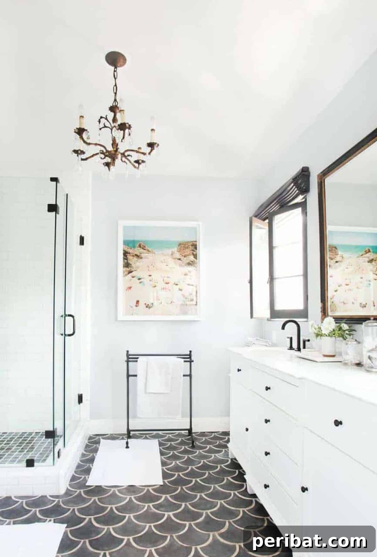 Stunning DIY Bathroom Floors: Tile Ideas & Product Picks 31 Dark Scallop Tiles bathroom floor.