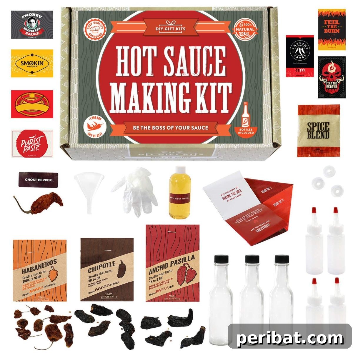 Craft Your Own Heat 26 DIY Hot Sauce Kits and Recipes 5 A comprehensive DIY Standard Hot Sauce Making Kit, neatly arranged with ingredients and bottles.