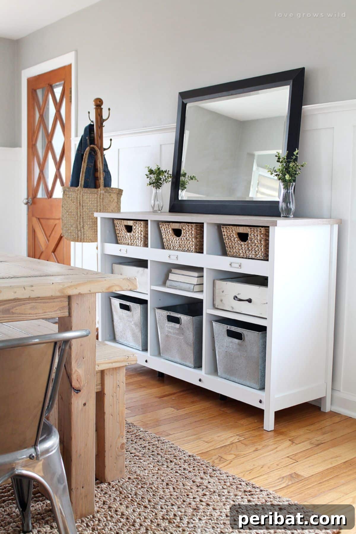 Transform Your Entryway: 32 Genius DIY Organizing Ideas 17 Multi-purpose entryway storage featuring various sized bins and shelves.