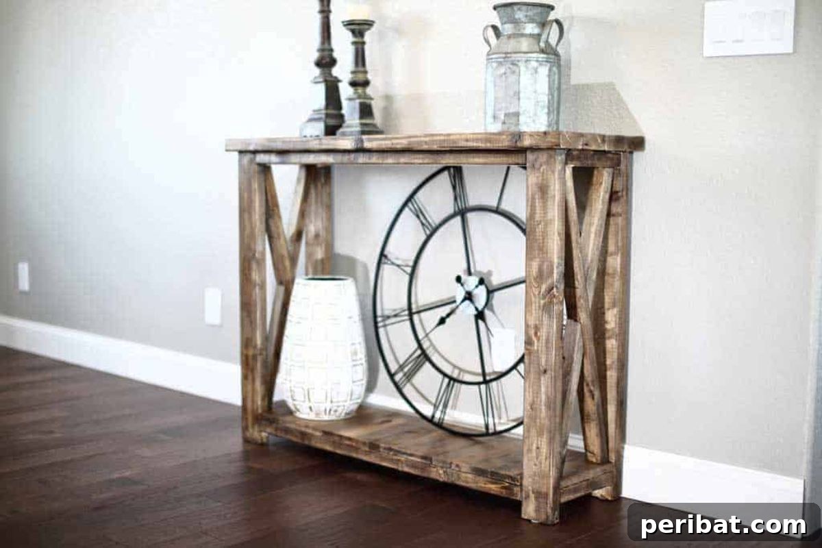 Transform Your Entryway: 32 Genius DIY Organizing Ideas 19 DIY farmhouse entryway console table with rustic finish.