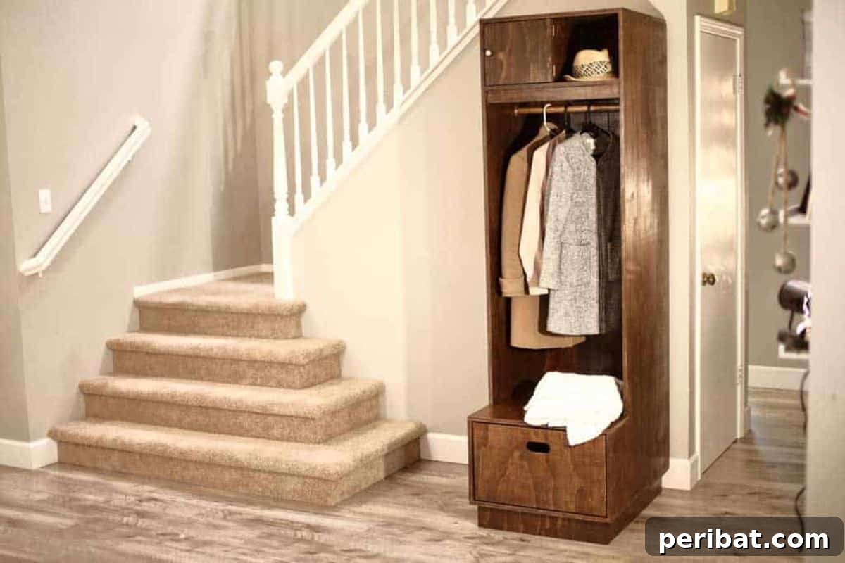 Transform Your Entryway: 32 Genius DIY Organizing Ideas 20 DIY entryway locker with integrated storage compartments and hooks.