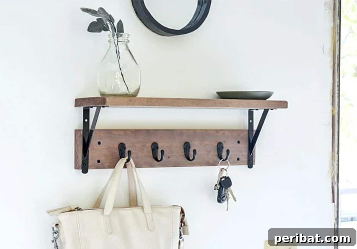Transform Your Entryway: 32 Genius DIY Organizing Ideas 23 DIY entryway shelf with hooks for keys and coats.