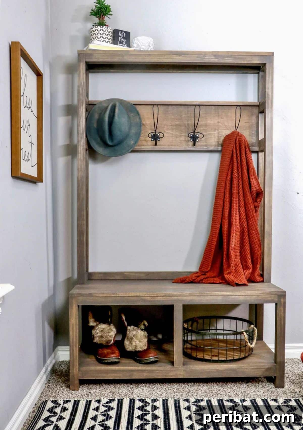 Transform Your Entryway: 32 Genius DIY Organizing Ideas 28 Entryway hall tree bench with coat hooks, shoe storage, and upper shelves.