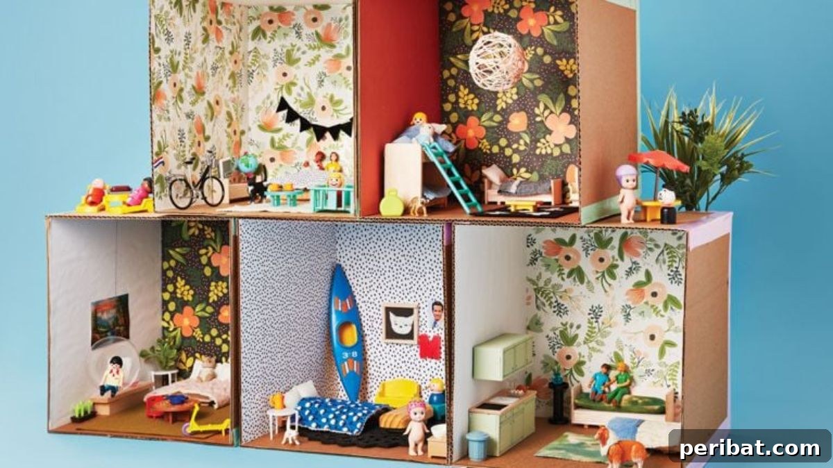 Crafting Dreams: 50 DIY Dollhouse Ideas and Kits 16 Cardboard Dollhouse With Gift Wrap as WallPaper