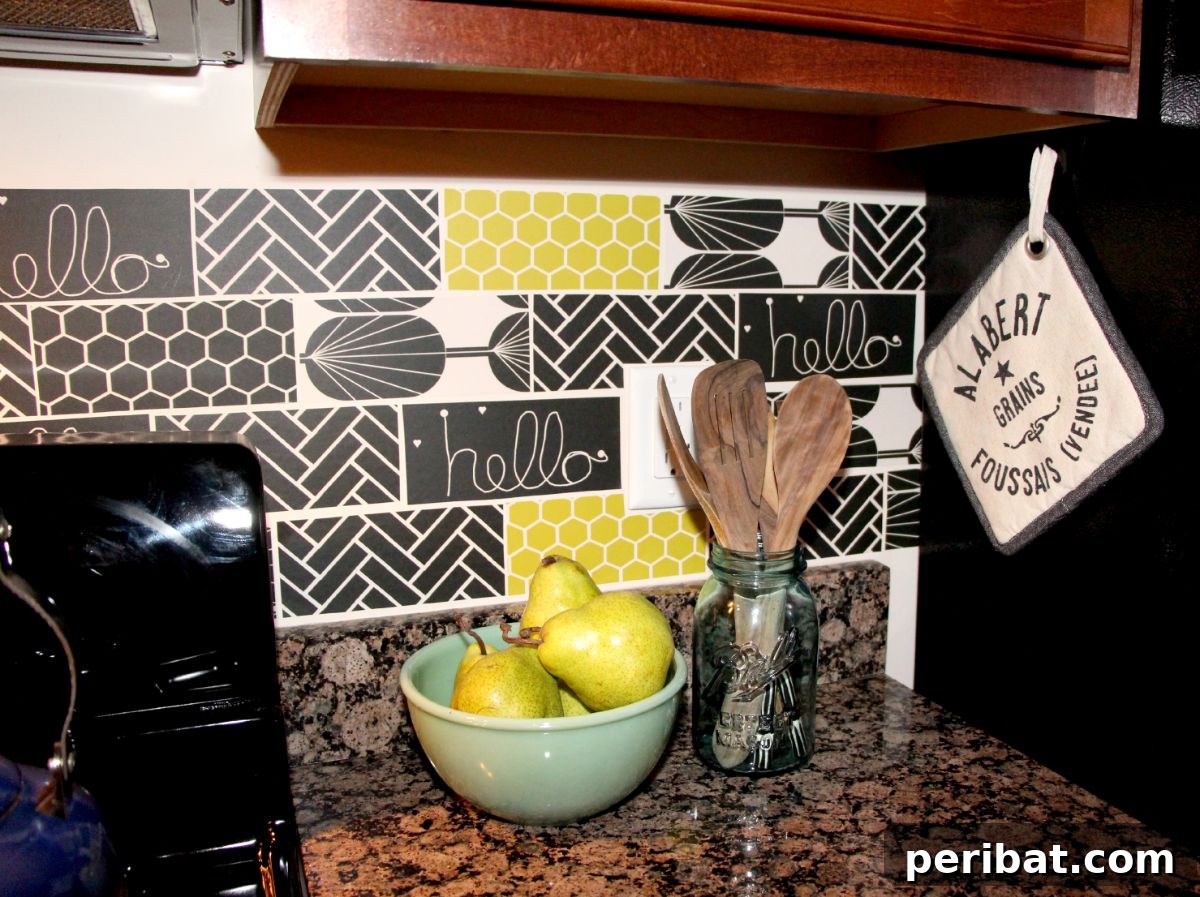 Instant Style: 32 DIY Peel and Stick Backsplash Makeovers 11 DIY Peel & Stick Wallpaper Backsplash for a Vibrant Kitchen