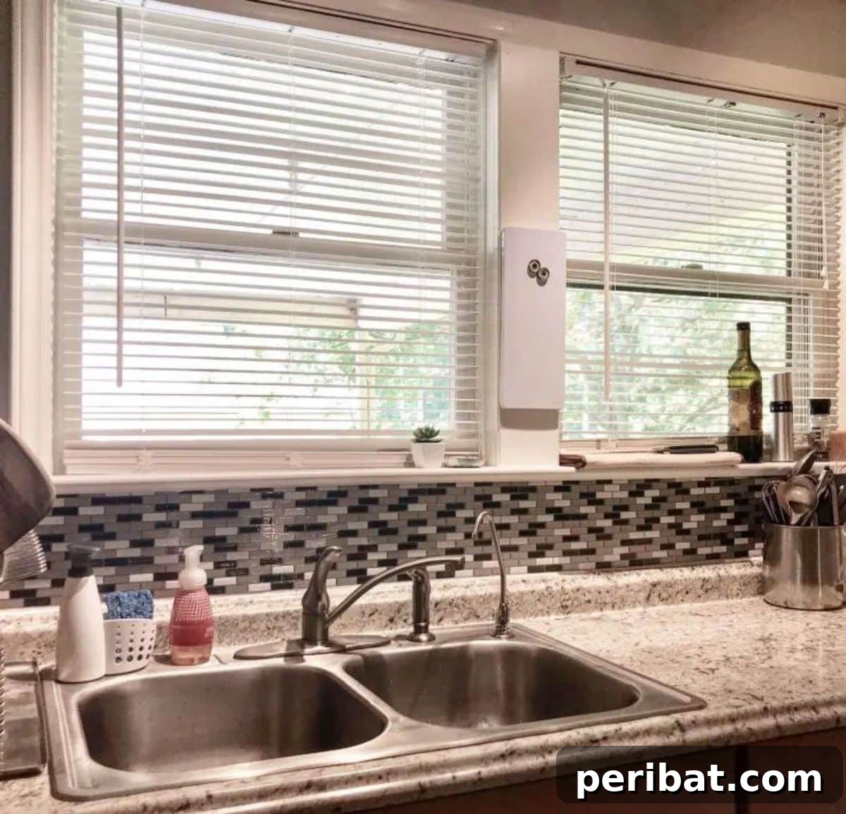 Instant Style: 32 DIY Peel and Stick Backsplash Makeovers 13 DIY Peel & Stick Metallic Black, Grey, & White Backsplash for a Contemporary Kitchen