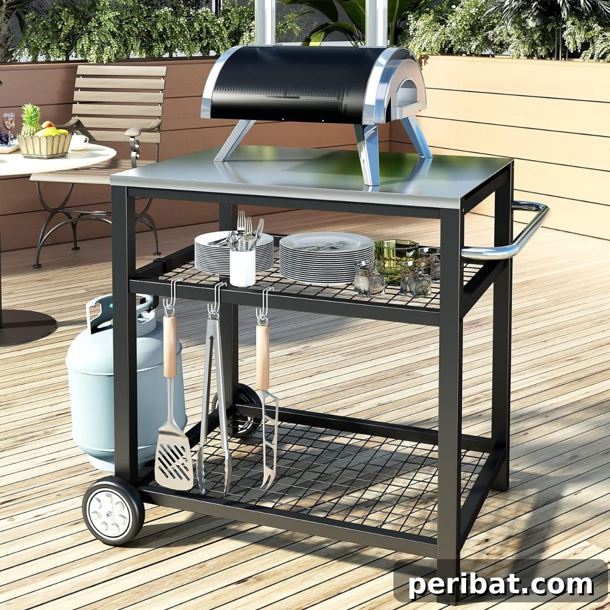 Movable Food Prep and Work Cart with Stainless Steel Grill, a versatile outdoor cooking solution.