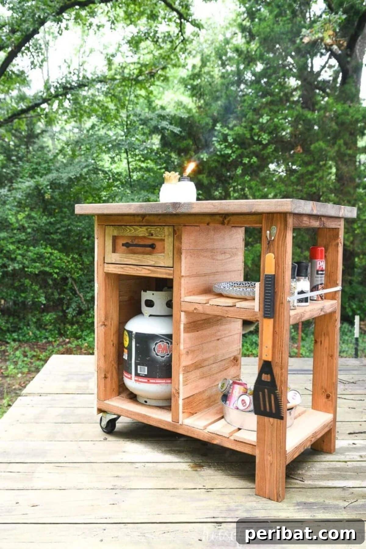 DIY Rolling Grill Side Cart with Storage for organized and convenient BBQ accessories.
