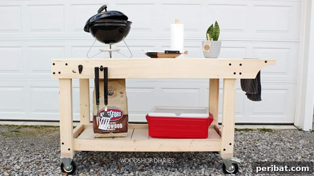 Woodshop Diaries DIY Grill Cart and BBQ Prep Table, combining style and ample workspace.