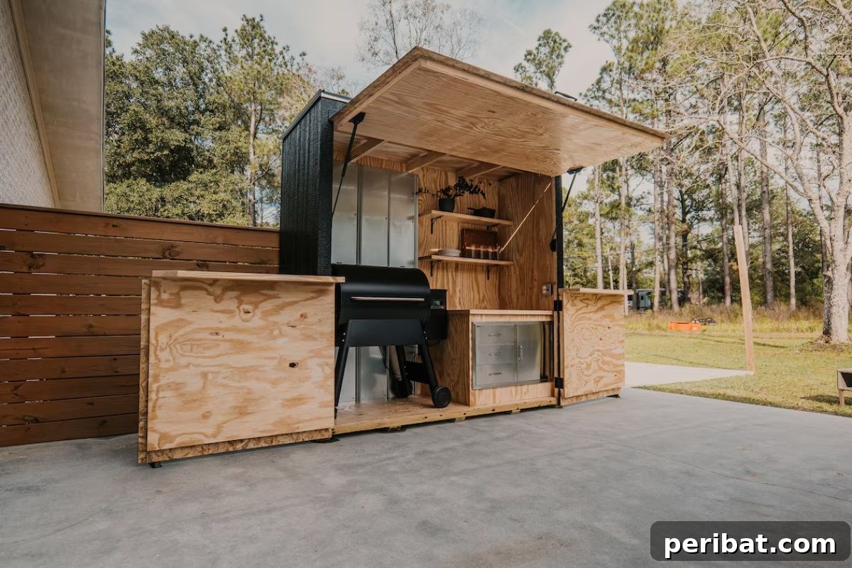 Detailed plans for a DIY Grill Shed Station, offering organized BBQ storage and shelter.