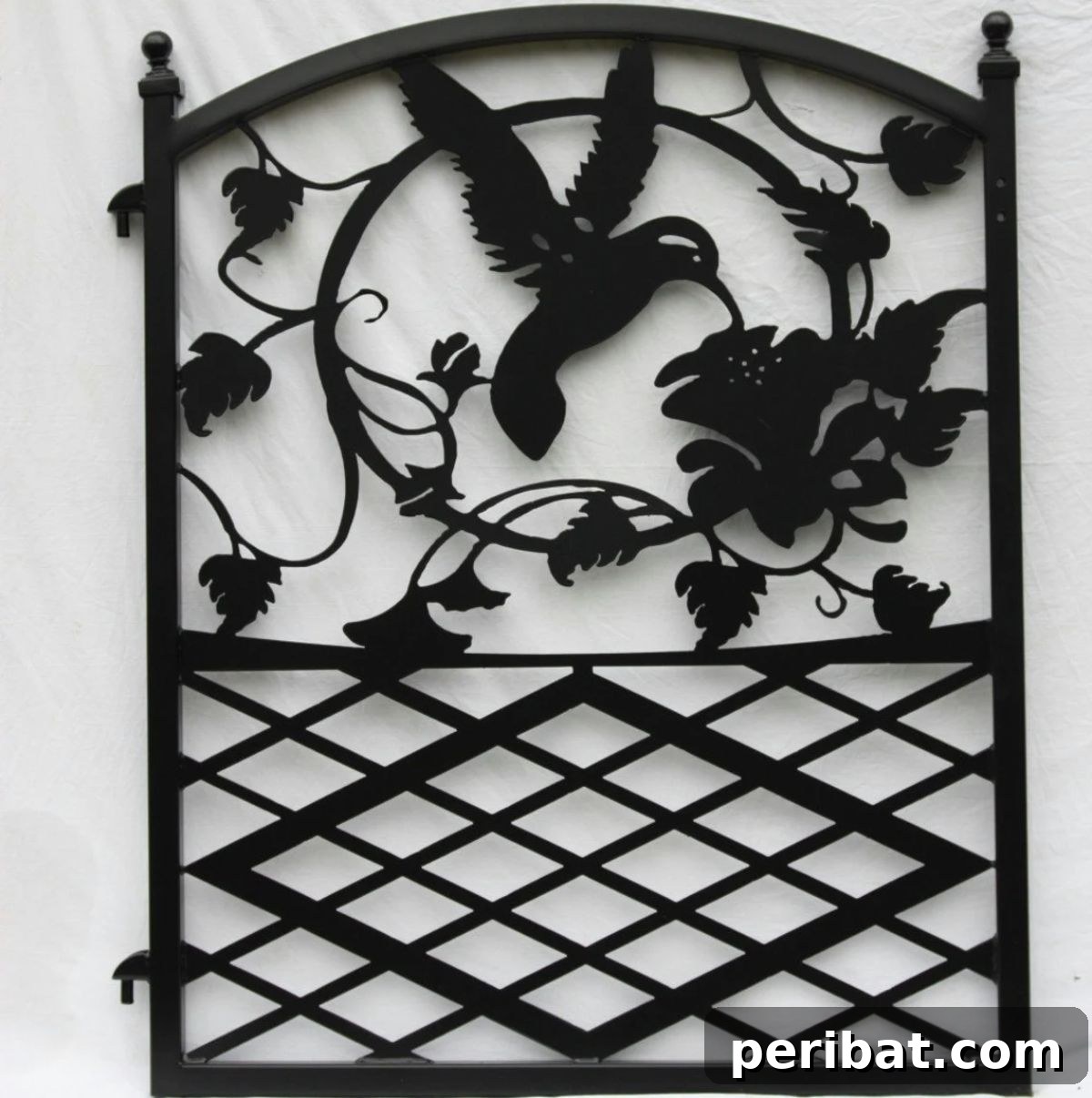20 Creative DIY Garden Gate Designs 21 Ornate wrought iron garden gate featuring an intricate hummingbird and floral design.