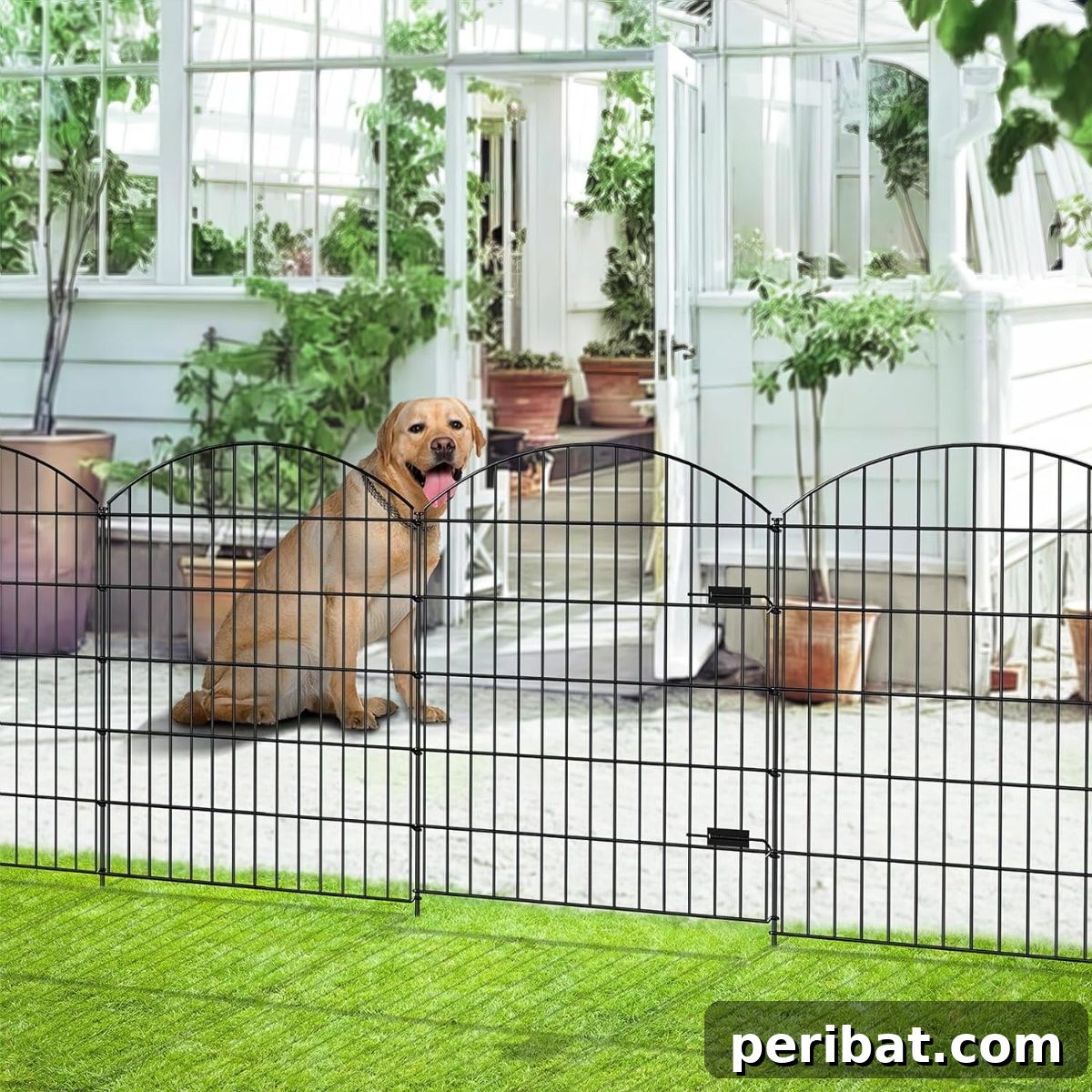 20 Creative DIY Garden Gate Designs 4 Heavy-duty metal garden gate with matching fences for enhanced security.