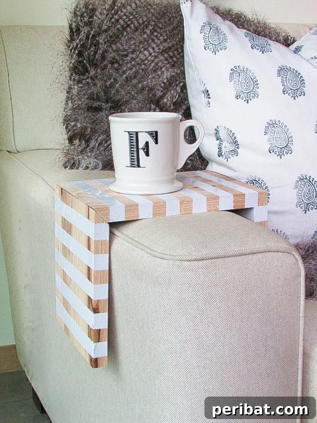 Stylish DIY Striped Drink Perch for Sofa Arms