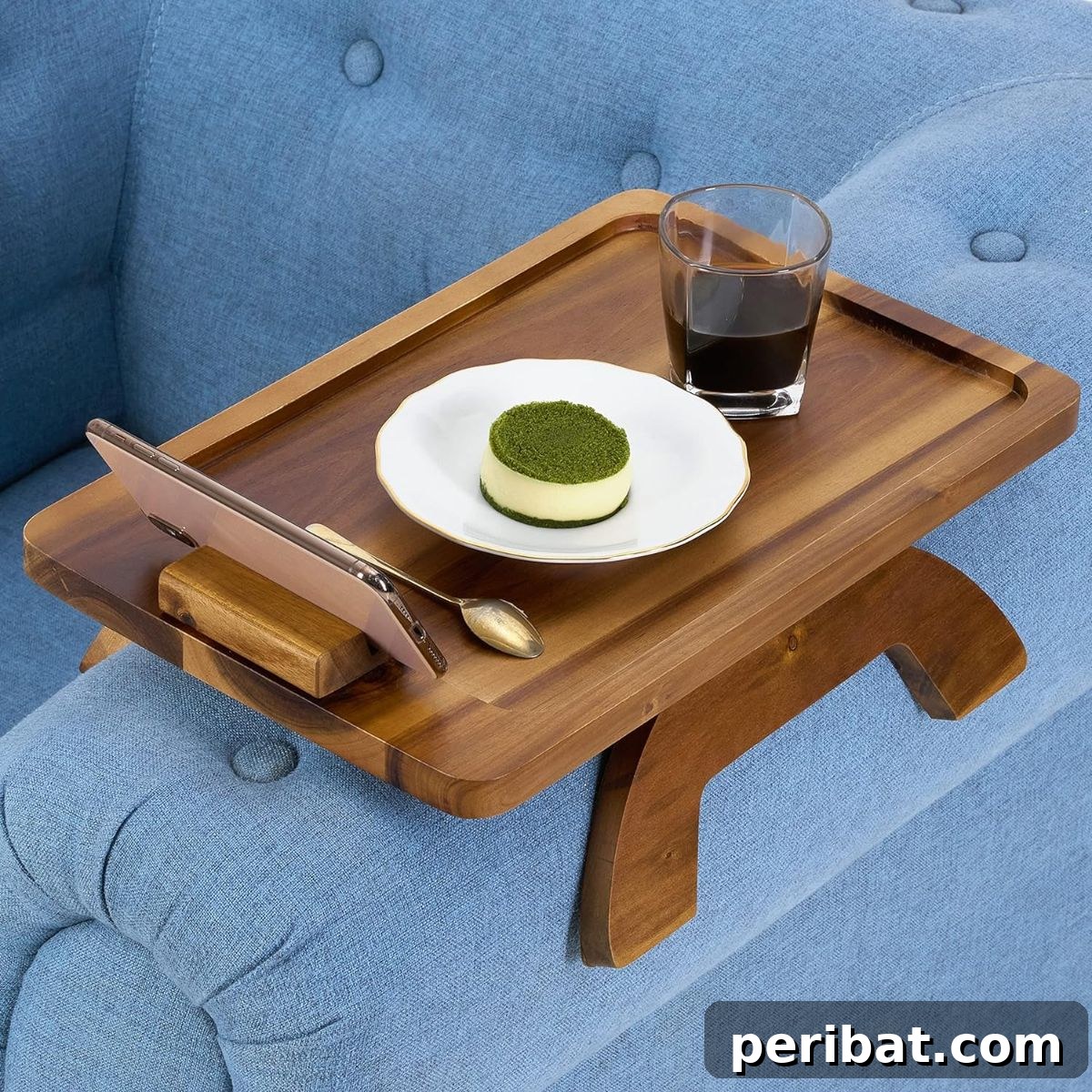 Natural Wood Sofa Armrest Tray with Rotating Phone Holder