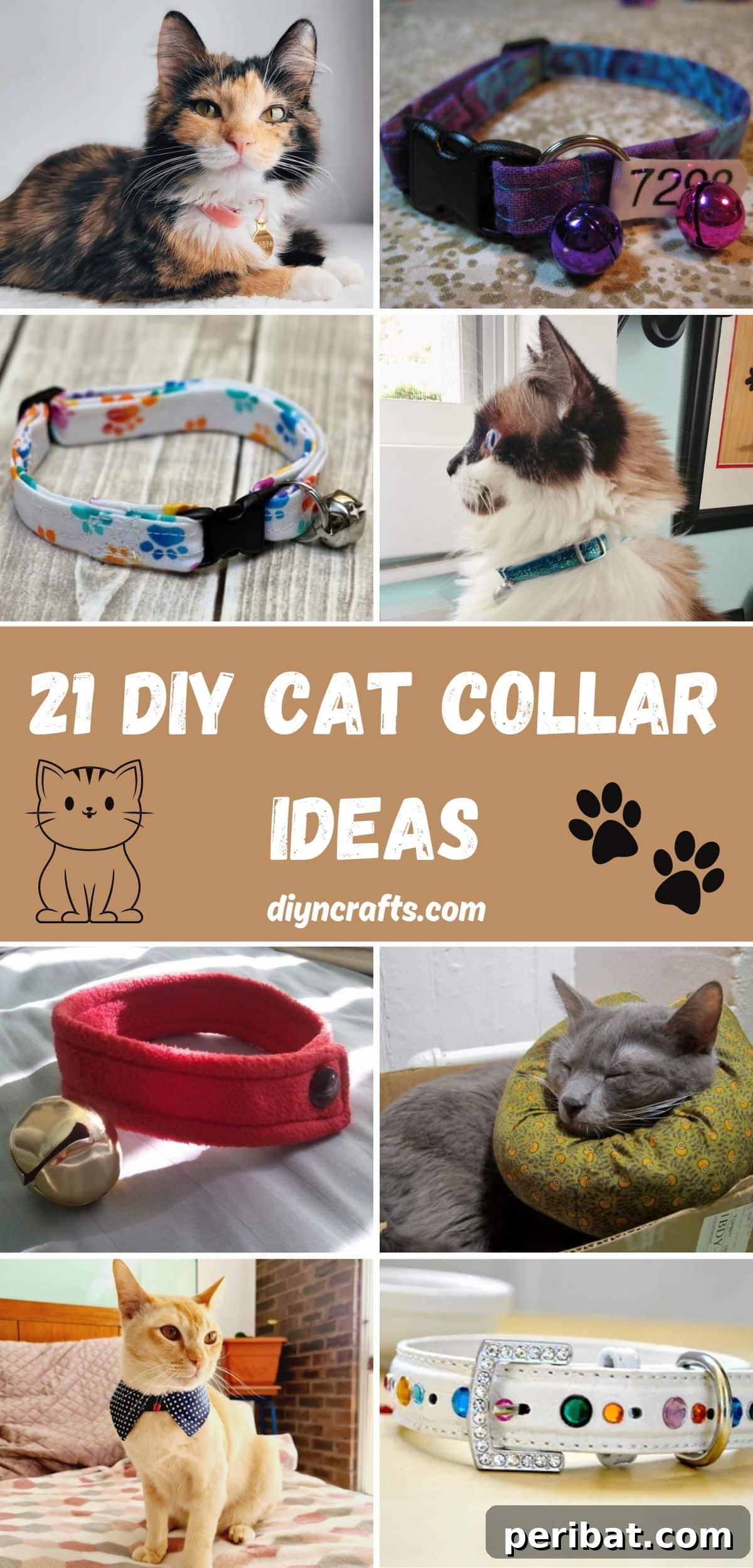 A vibrant collage showcasing 21 unique DIY cat collar ideas, from festive designs to comfort-focused alternatives.