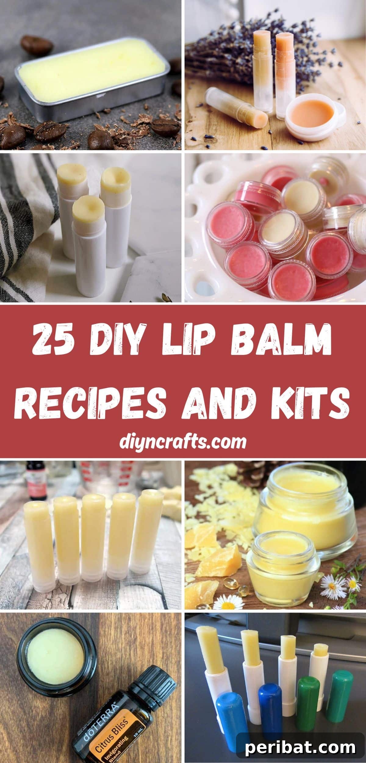 25 Homemade Lip Balm Recipes and Essential Supplies 2 25 DIY Lip Balm Recipes and Kits collage: A vibrant collection of homemade lip balm creations and crafting kits.