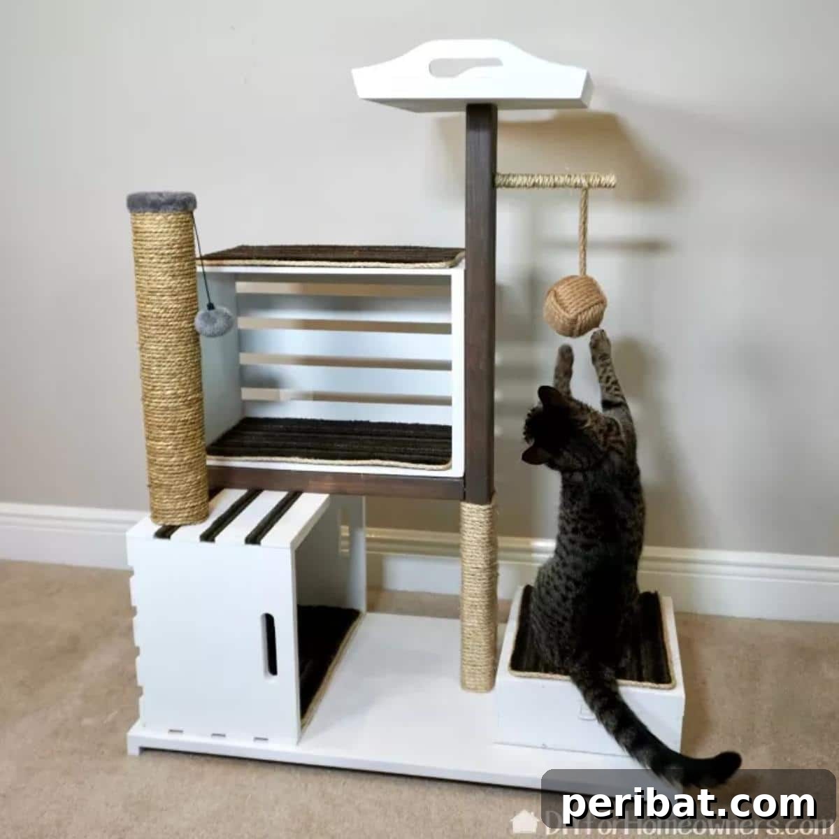Feline Fun Zones 20 Easy DIY Builds 11 DIY Wood Crate Cat Tower With Bonus Cat Toy Storage
