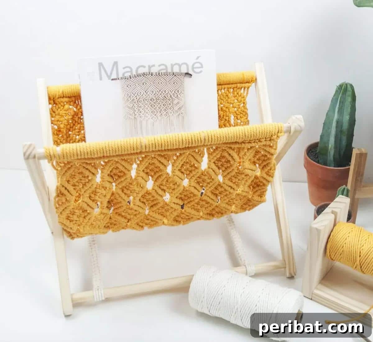 Artistic Macrame DIY Magazine Rack with a wooden frame