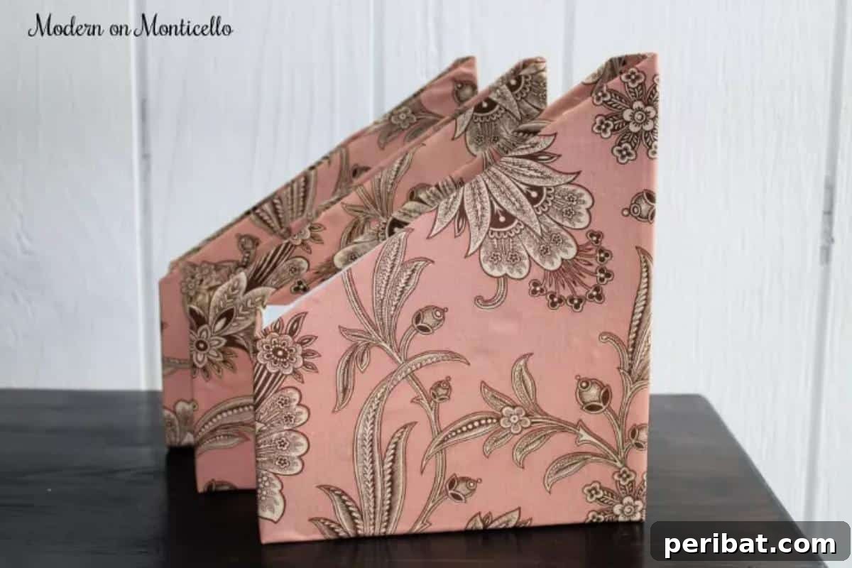 Space-saving DIY Fabric Covered Magazine Holder for office style