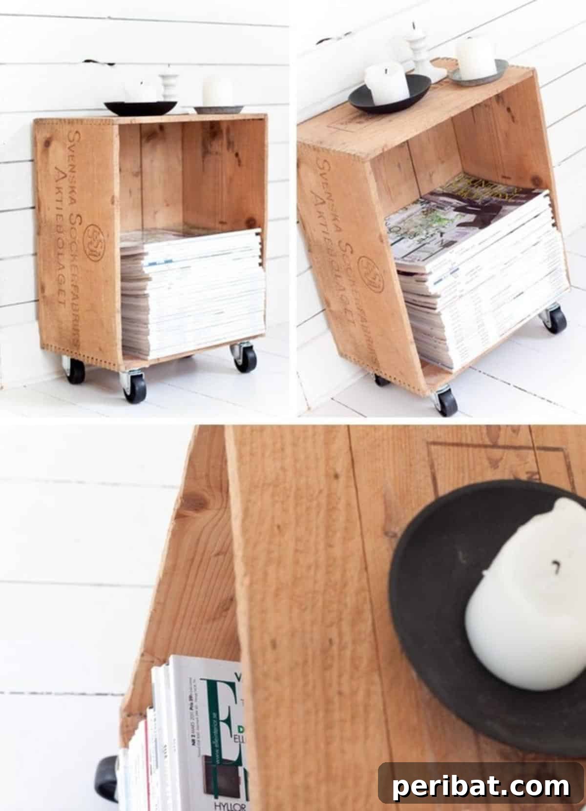 Rustic DIY Wooden Crate Magazine Rack on casters