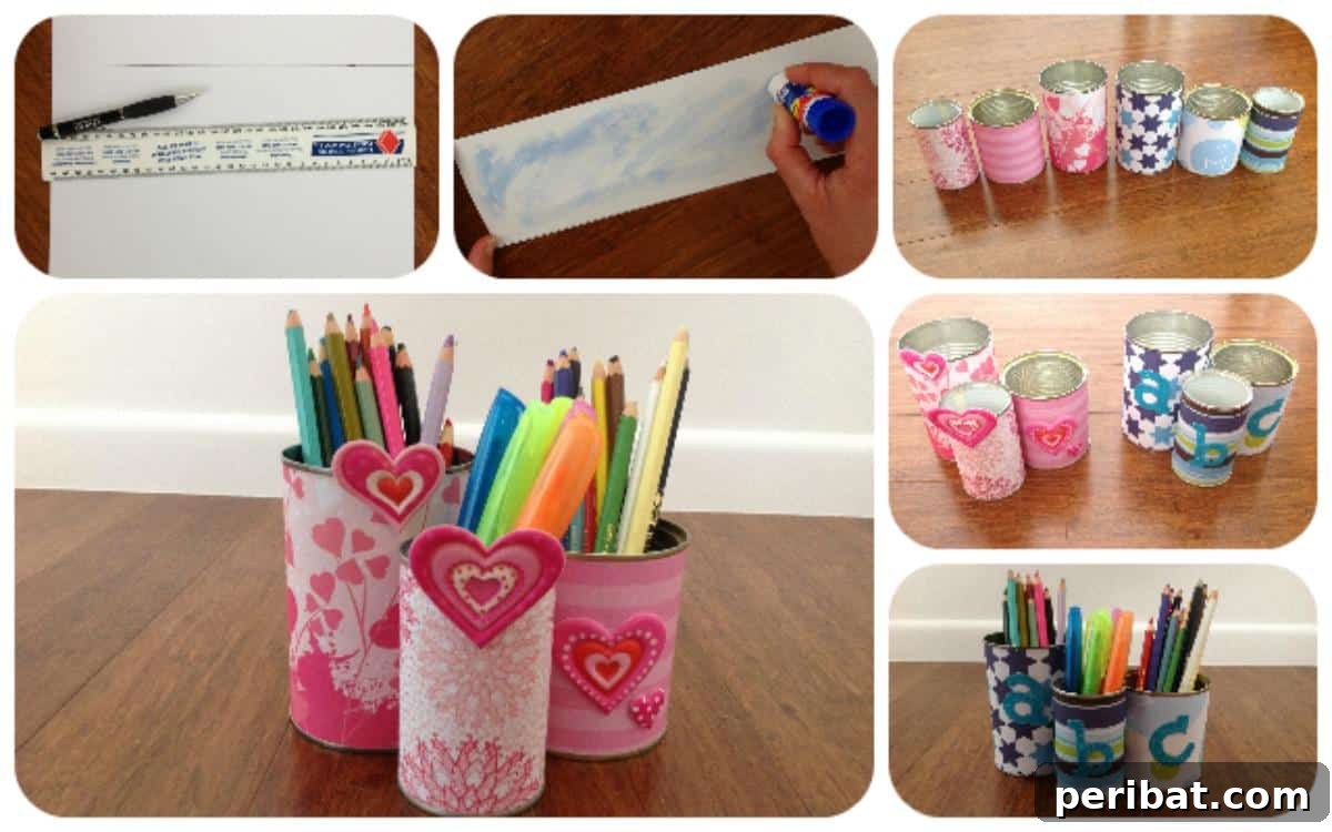 DIY Tin Can Pencil Holder collage, a fun and practical back-to-school craft for organizing pens and paintbrushes.