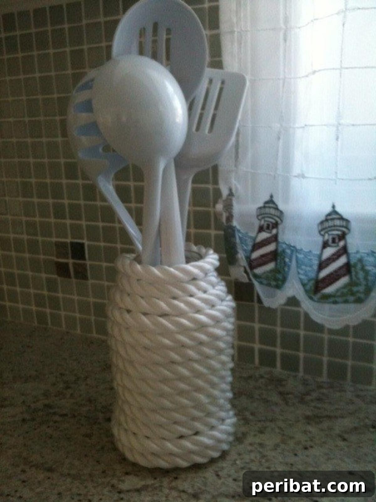 White Rustic Kitchen Utensil Caddy, a nautical-themed mason jar holder for kitchen organization with barnyard style.