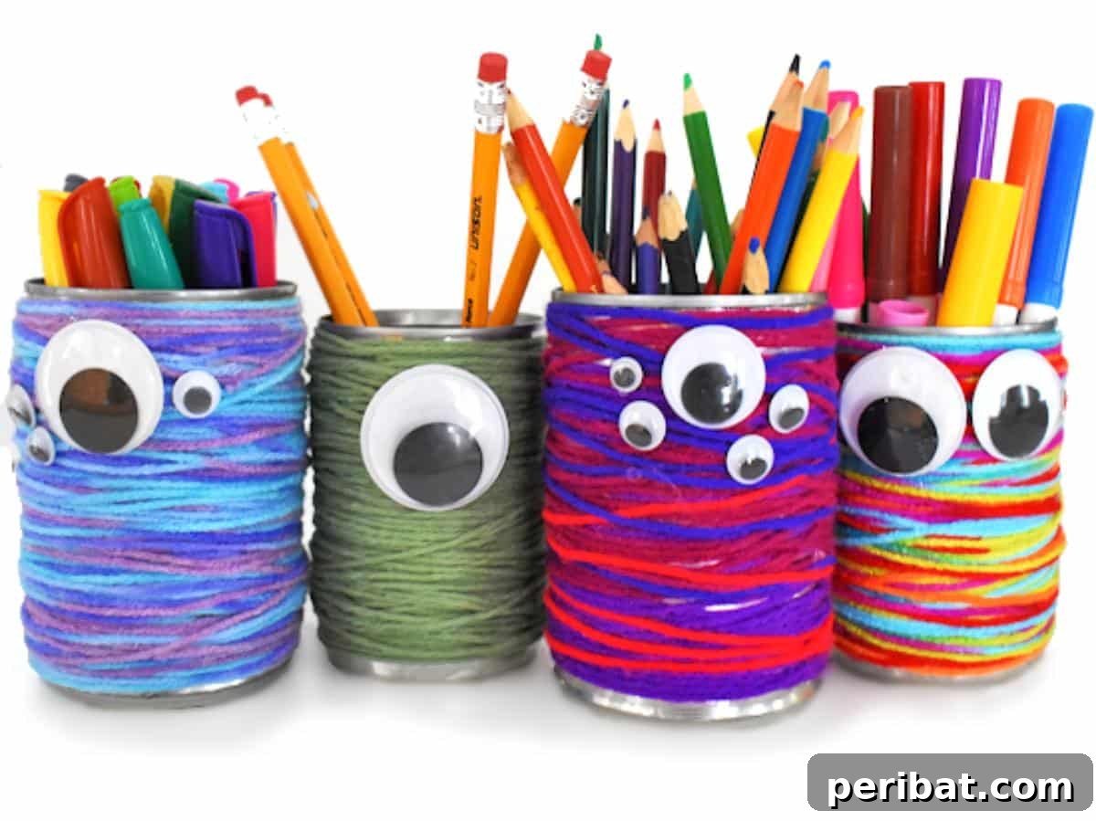 DIY Yarn-Wrapped Pencil Holder, an adorable monster-themed organizer for homework desks or art stations.