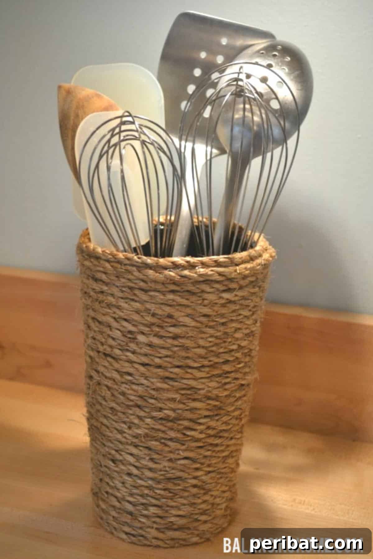 DIY Soda Cup With Rope Utensil Holder, showcasing sustainability and adding rustic charm to kitchen decor.