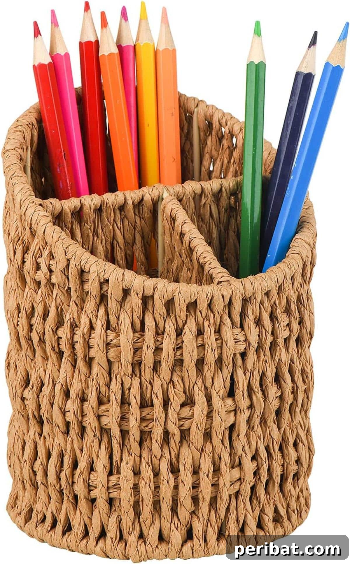 DIY Woven Pencil Holder, a sleek, multi-compartment organizer for pencils, makeup brushes, and office supplies.