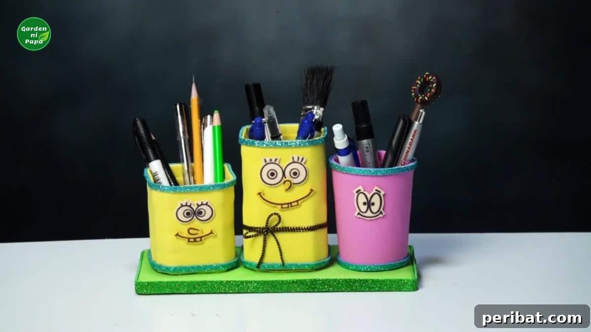 DIY Plastic Bottle Pencil Holder, a vibrant and versatile upcycled organizer for office, kitchen, or plants.