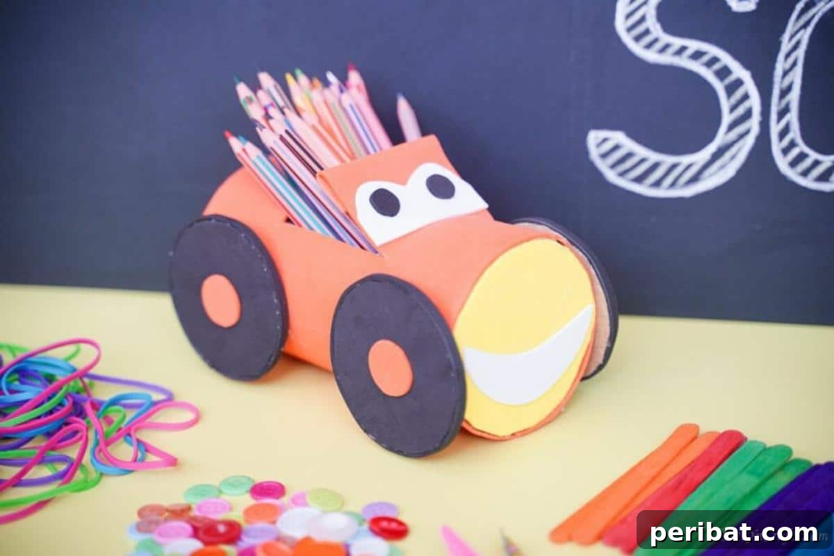 DIY Car Pencil Holder From Empty Plastic Bottles, a playful and eco-friendly desk accessory for kids or creative spaces.