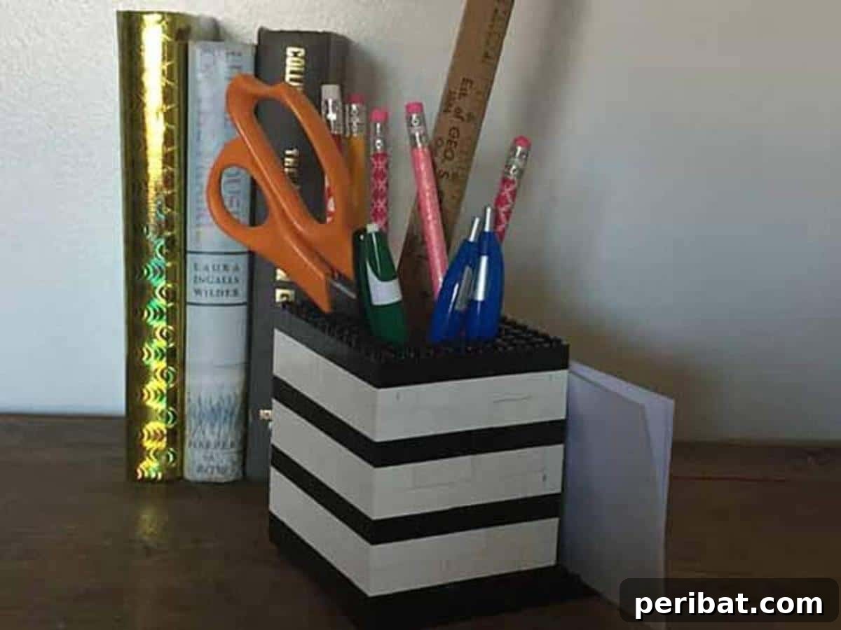 DIY Lego Pencil Holder, a unique and colorful desk organizer built from Lego bricks, requiring no additional tools.