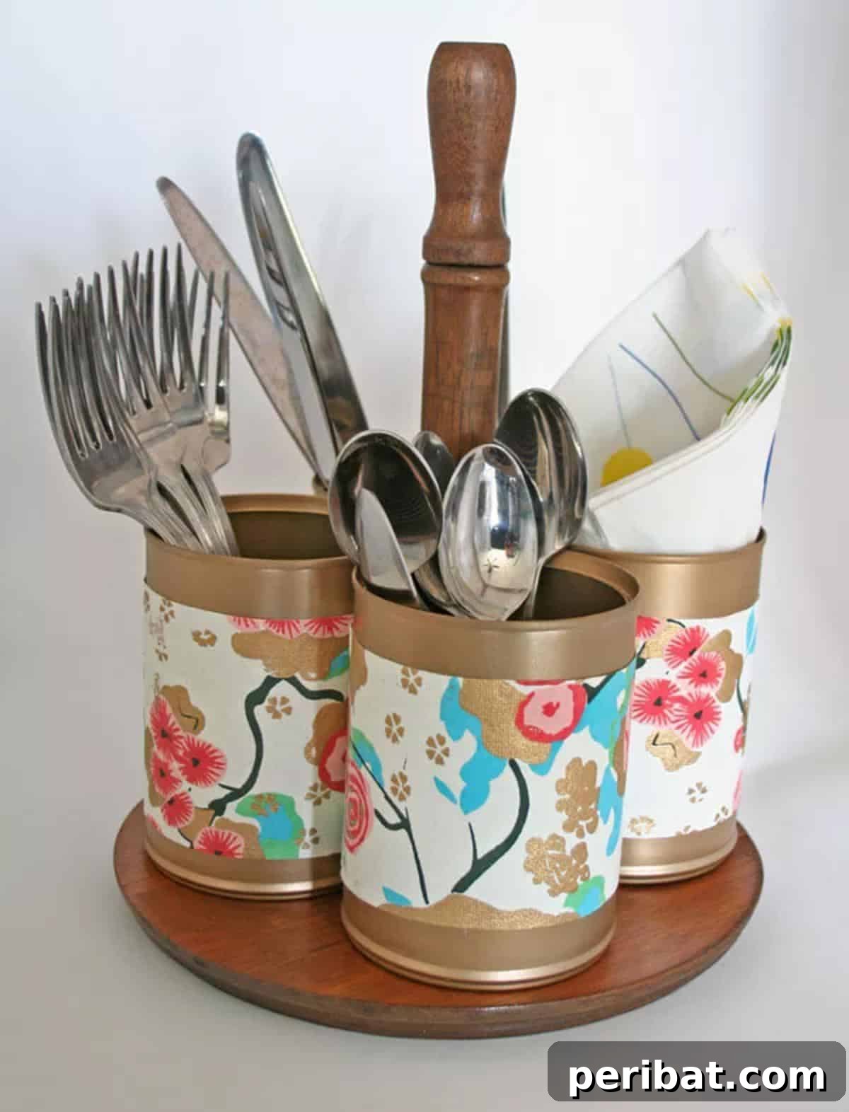 DIY Plant Stand Utensil Holder, an ingenious upcycled caddy from a plant stand and tin cans, perfect for rustic kitchen decor.