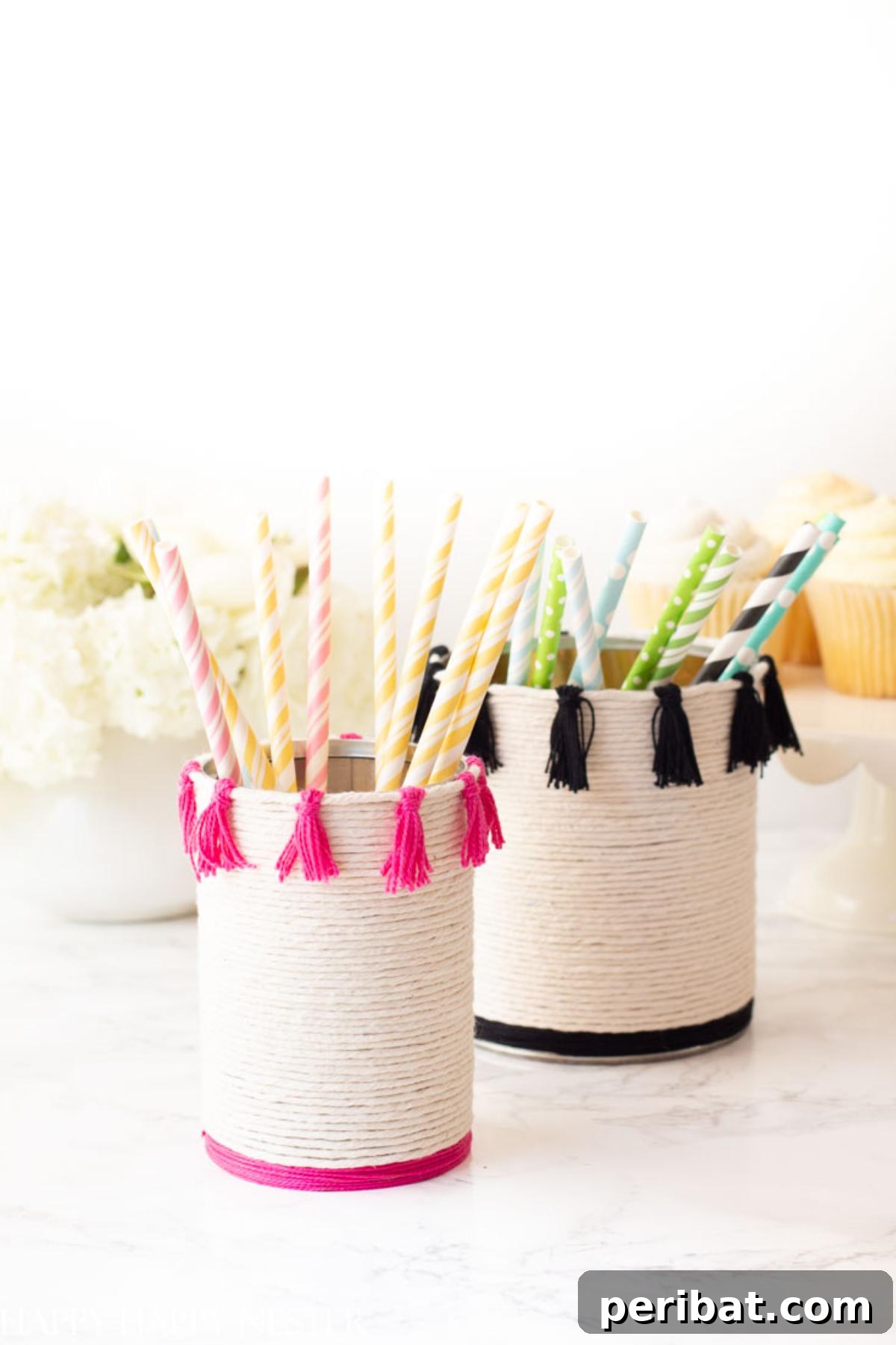 DIY String Tin Can Pencil Holder, a vibrant and appealing organizer crafted from a tin can and colorful string.