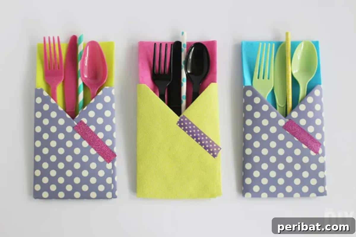 DIY Paper Utensil Holder, a fun and handy accessory from scrapbook paper and washi tape, perfect for outdoor parties.